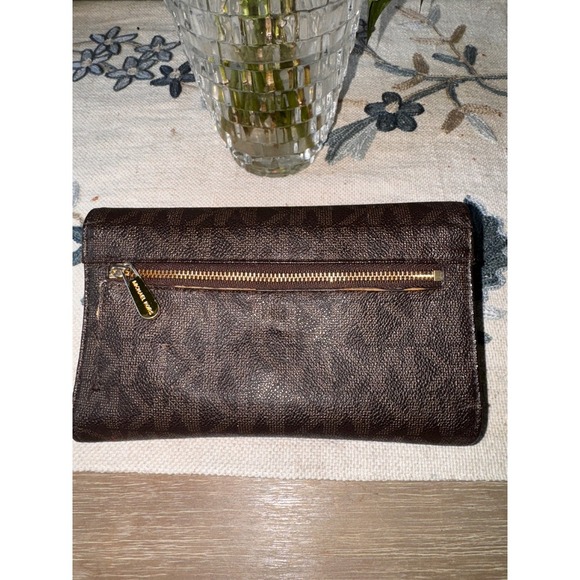 Michael Kors MK Signature Brown Coated Twill Flap Continental Wallet - Picture 7 of 9